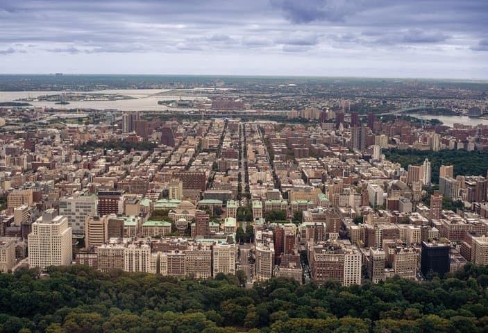 Aerial views of Upper West Side and Upper East Side of New York City's Manhattan borough.