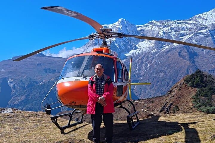 At Everest View Point After Returning from Everest Base Camp and Kalapathar Flight – Captured in Front of the Helicopter