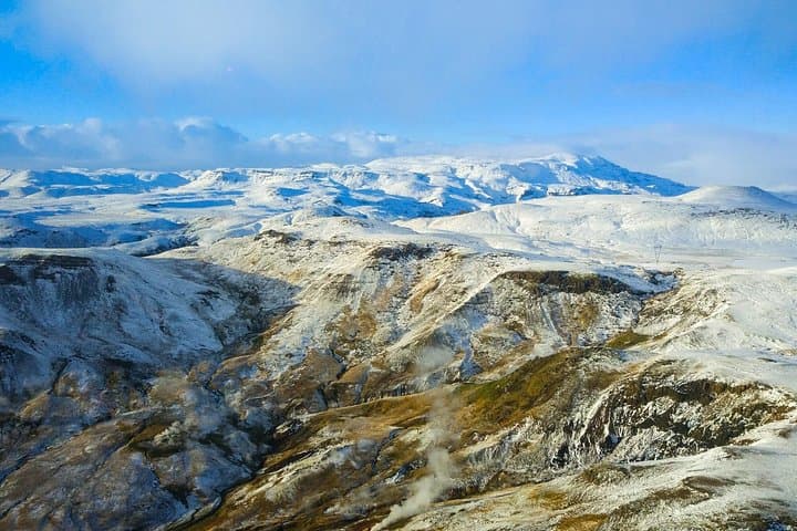 Snow in the mountains outside Reykjavik city.